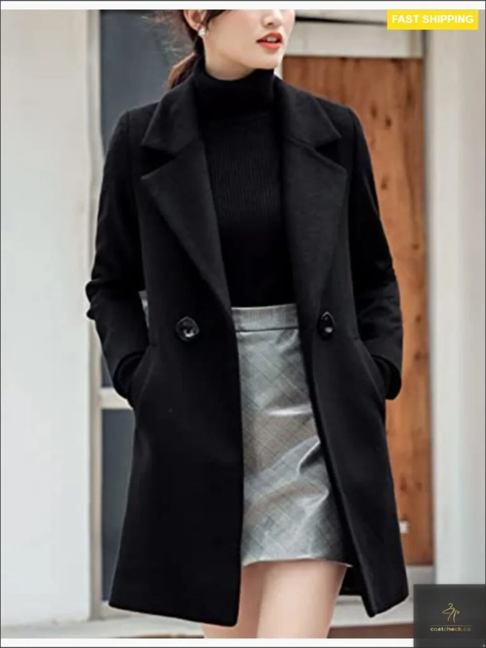 Elegant Notched Collar Wool Blend Long Pea Coat Overcoat Slim Fit Classic